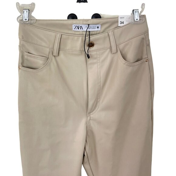 ZARA Faux Leather Super High Rise Slim Flare Pants Slit Size 2 34 Long Beige - Picture 5 of 14